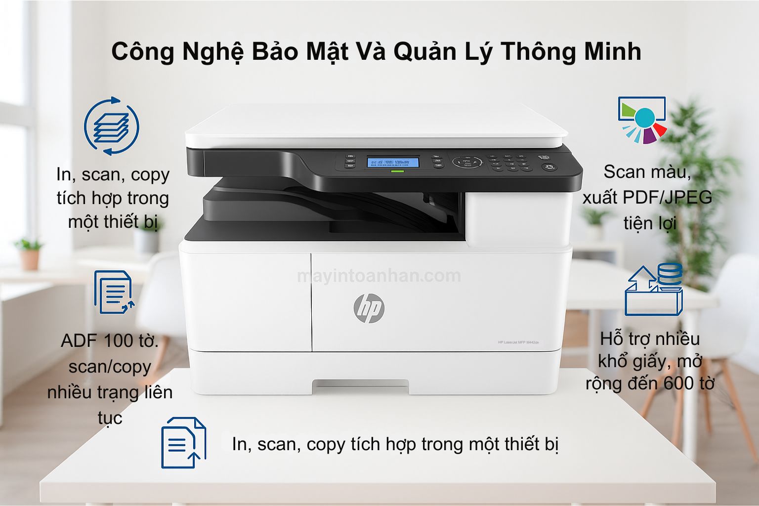 Máy in laser đen trắng đa năng HP LaserJet MFP M442dn 6 Công Nghệ Bảo Mật Và Quản Lý Thông Minh