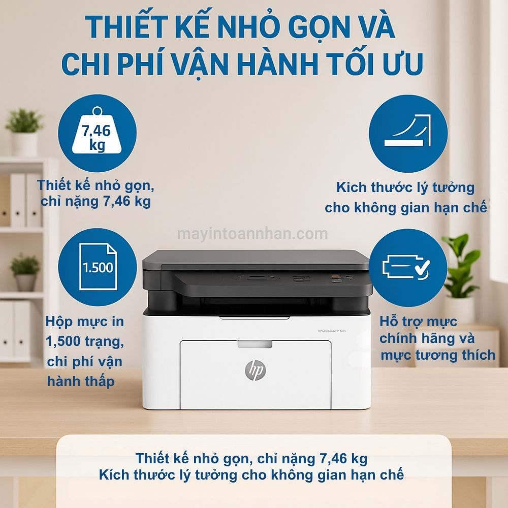 Máy in laser đen trắng đa năng HP LaserJet MFP 136A 6 Thiết Kế Nhỏ Gọn Và Chi Phí Vận Hành Tối Ưu