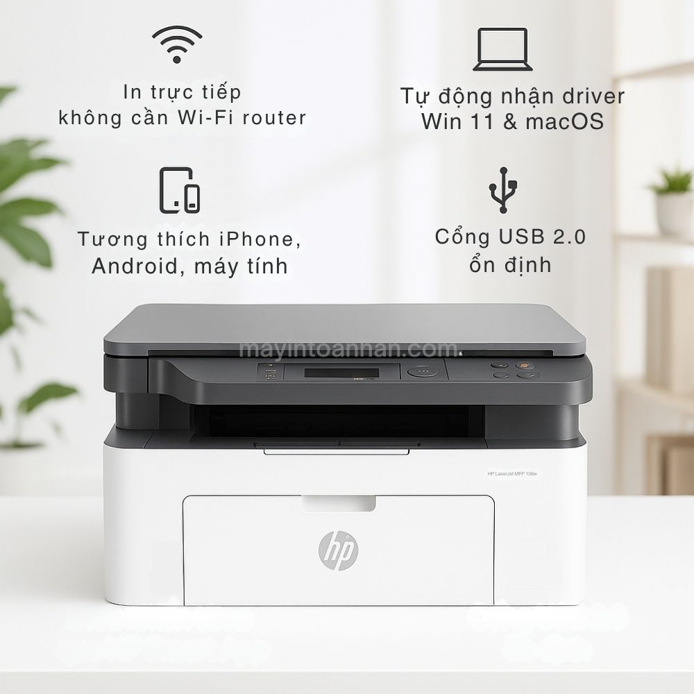 Máy in laser đen trắng đa nắng HP LaserJet MFP 136w 6 Kết Nối Không Dây Đa Nền Tảng
