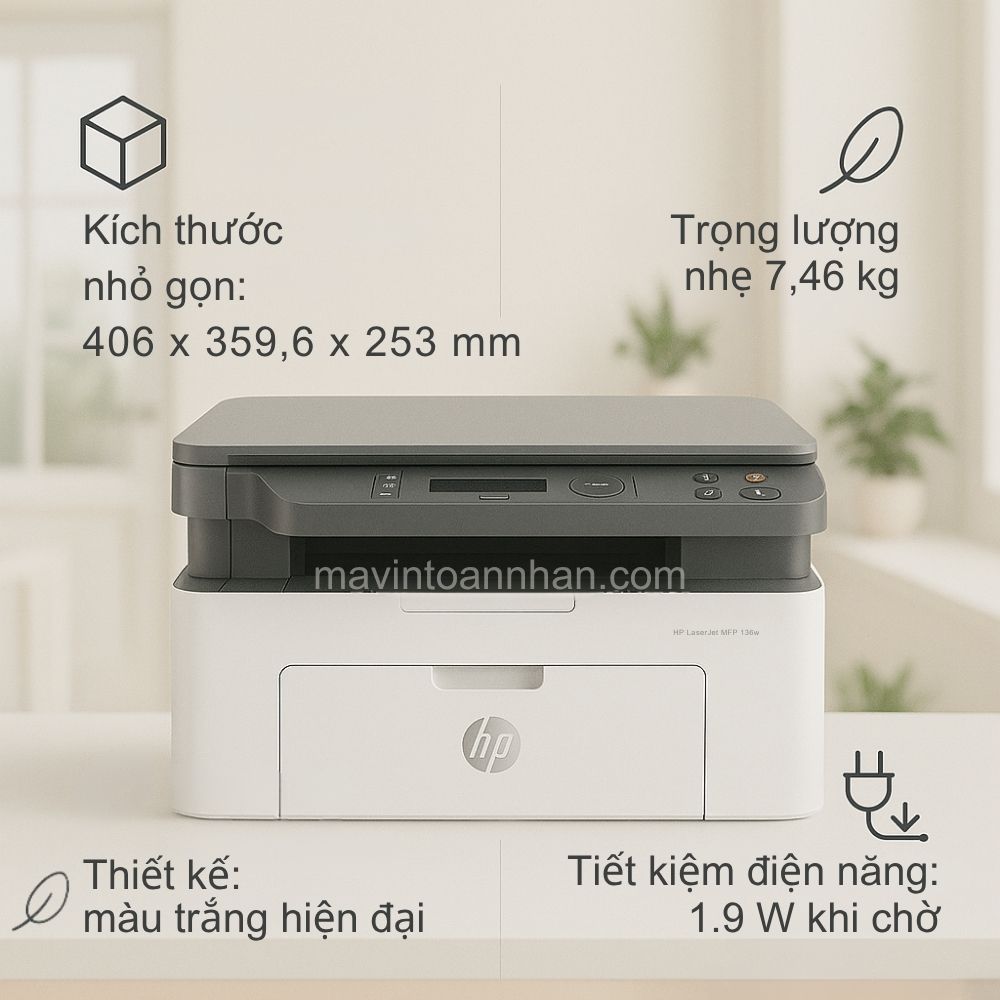 Máy in laser đen trắng đa nắng HP LaserJet MFP 136w 7 Thiết Kế Compact và Tiết Kiệm Năng Lượng HP LaserJet MFP 136w