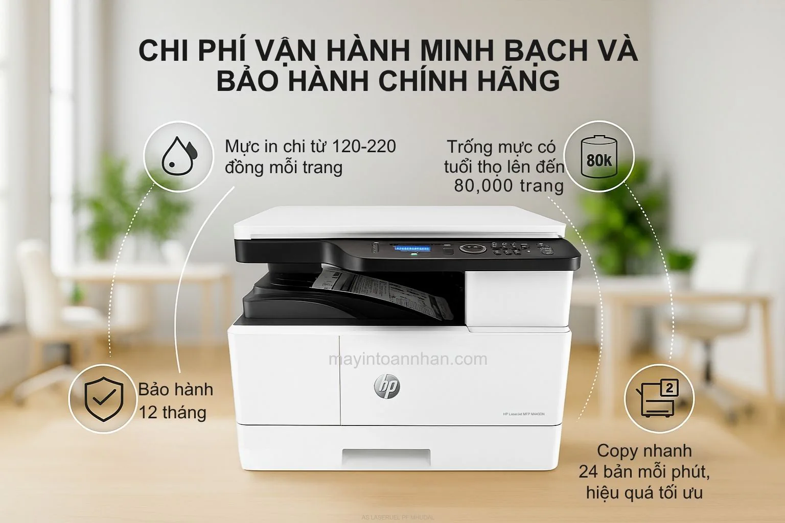 Máy in laser đen trắng đa năng HP LaserJet MFP M440DN khổ A3 6 chi phí vận hành và bảo hành hp m440dn
