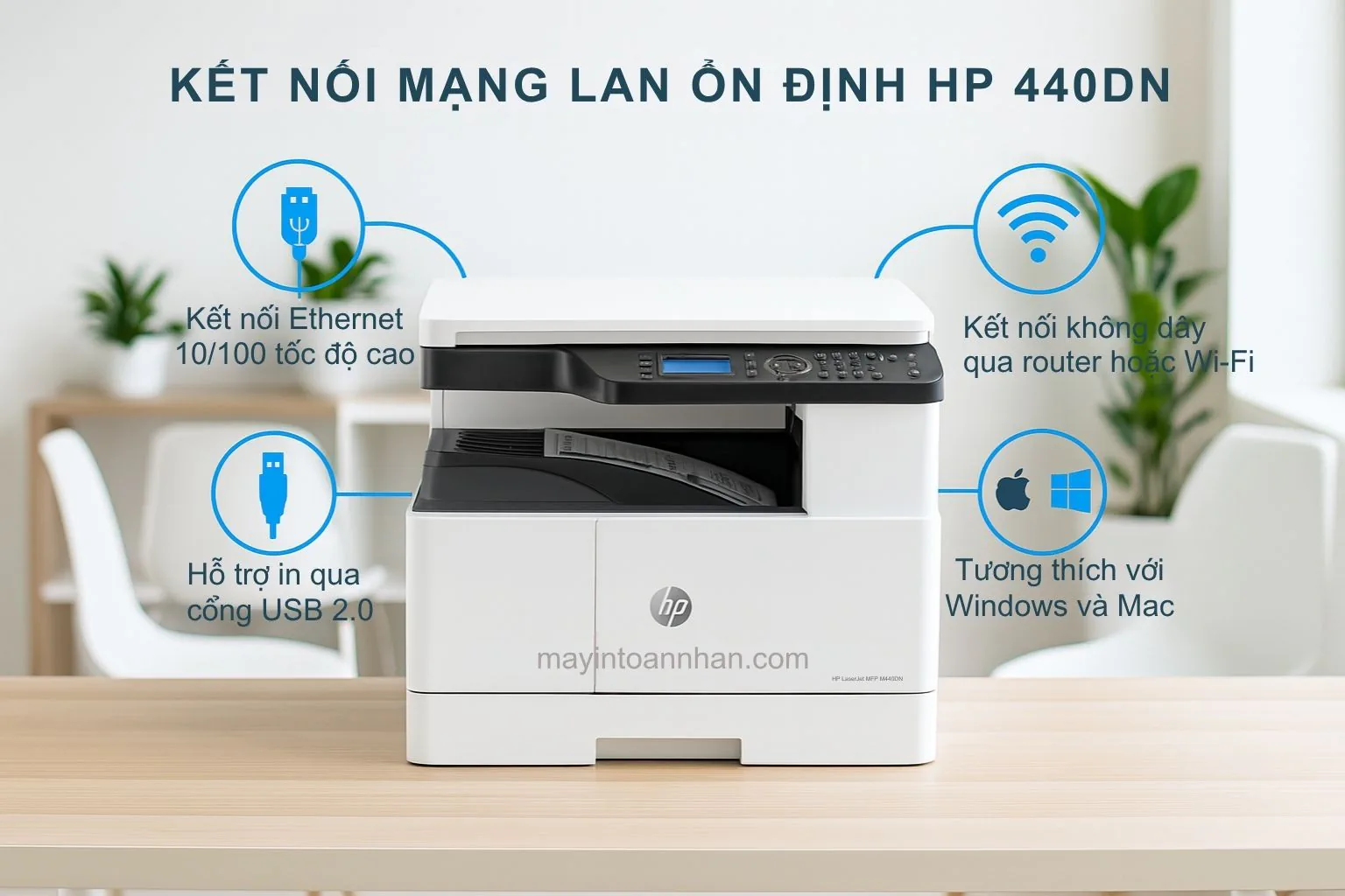 Máy in laser đen trắng đa năng HP LaserJet MFP M440DN khổ A3 5 Kết Nối Mạng LAN Ổn Định HP 440DN