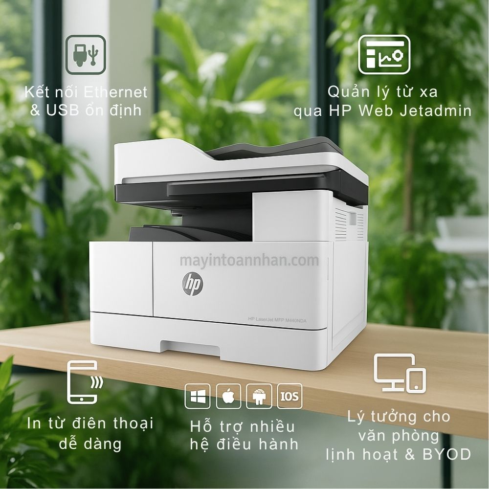 Máy in laser đen trắng đa nắng HP LaserJet MFP M440NDA Khổ A3 6 Kết Nối Và Quản Lý Thông Minh HP LaserJet MFP M440NDA Khổ A3
