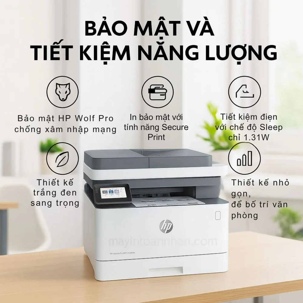 Máy in laser đen trắng đa năng HP LaserJet Pro MFP 3103FDN 6 Bảo Mật và Tiết Kiệm Năng Lượng
