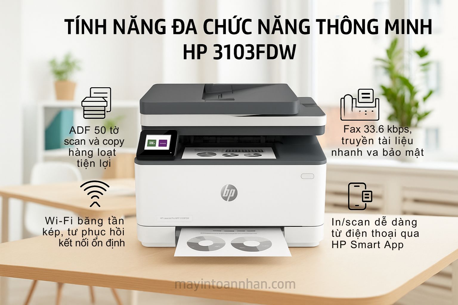 Máy in laser đen trắng đa năng HP LaserJet Pro MFP 3103FDW 6 Tính Năng Đa Chức Năng Thông Minh HP 3103FDW