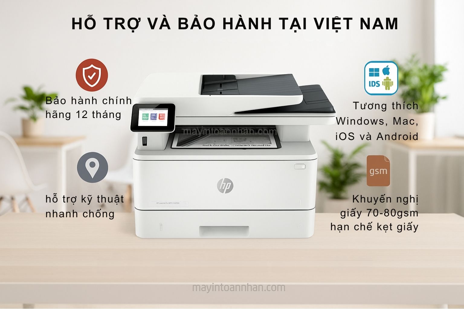 Máy in laser đen trắng đa năng HP LaserJet Pro MFP 4103FDN 8 Hỗ Trợ và Bảo Hành Tại Việt Nam