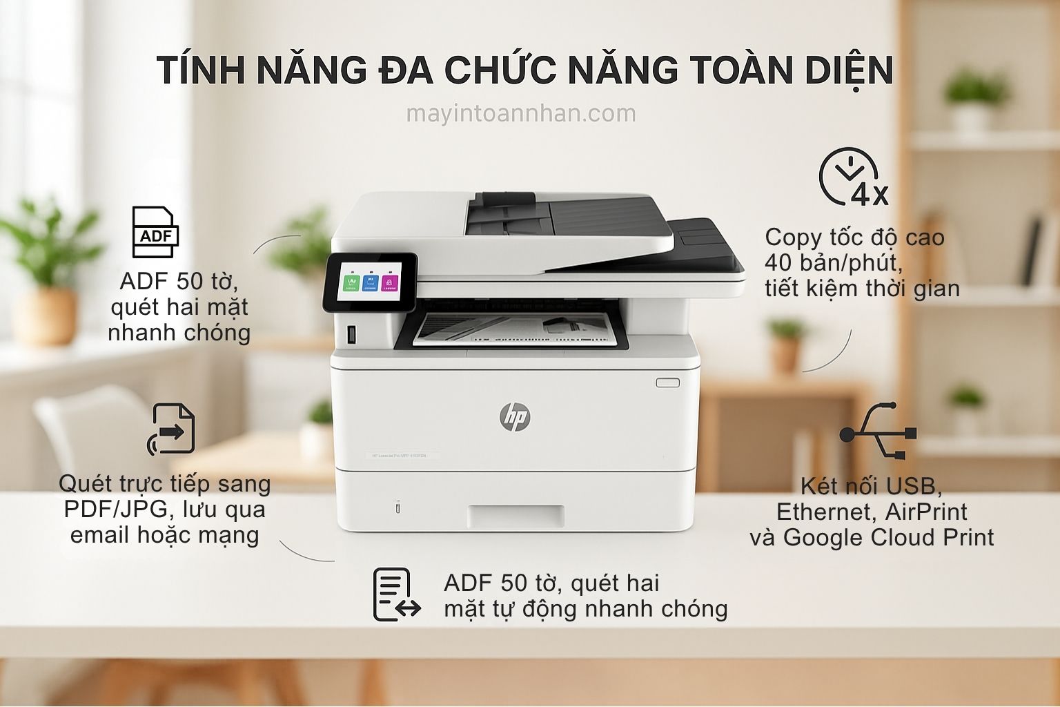 Máy in laser đen trắng đa năng HP LaserJet Pro MFP 4103FDN 5 Tính Năng Đa Chức Năng Toàn Diện