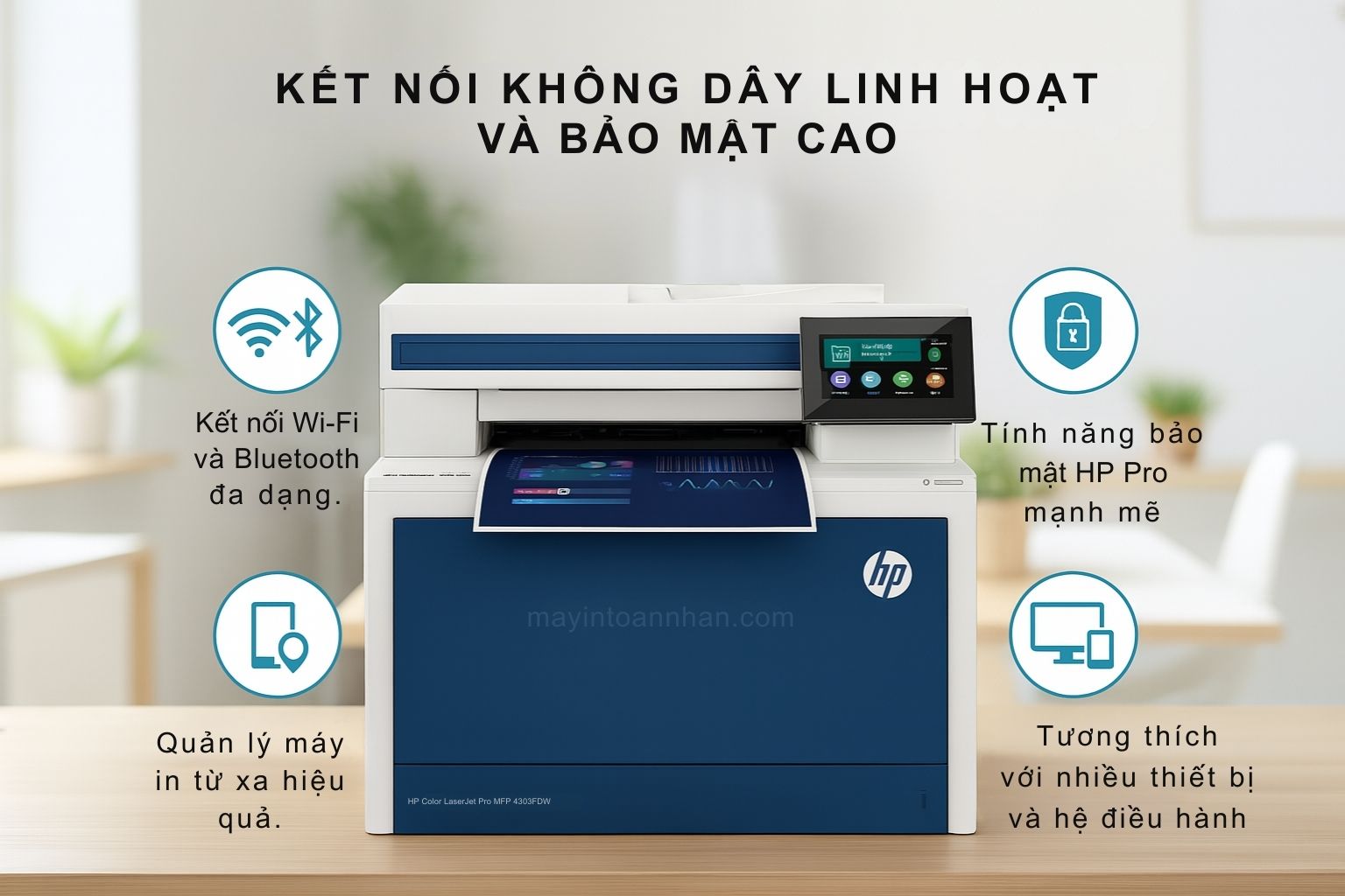 Máy laser màu đa năng HP Color LaserJet Pro MFP 4303FDW 6 Kết Nối Không Dây Linh Hoạt và Bảo Mật Cao