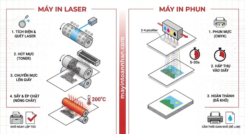 So sánh máy in laser và máy in phun: Chọn loại nào? 2025