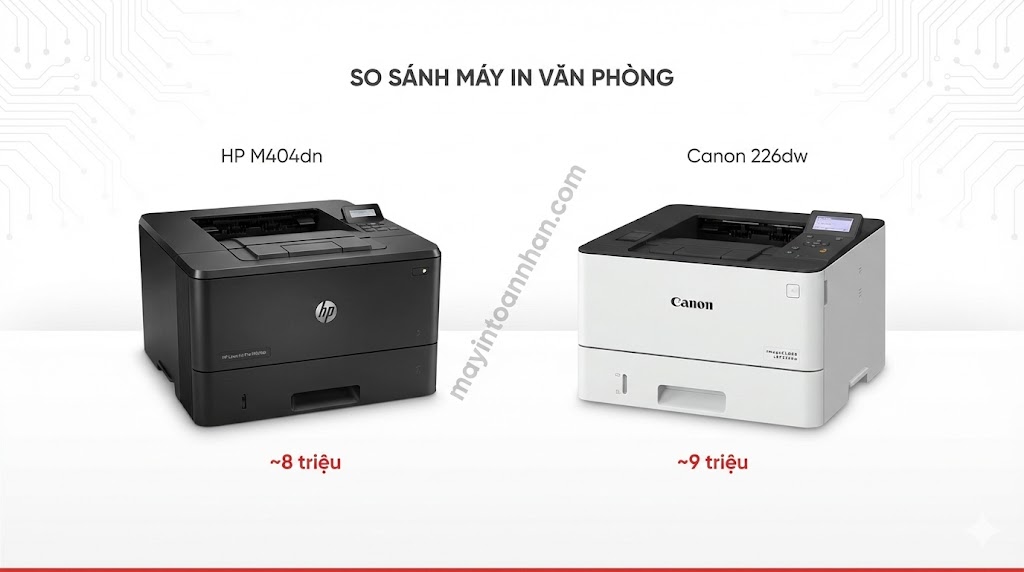 So sánh HP M404dn vs Canon 226dw: Bảng đối chiếu 12 tiêu chí 2025