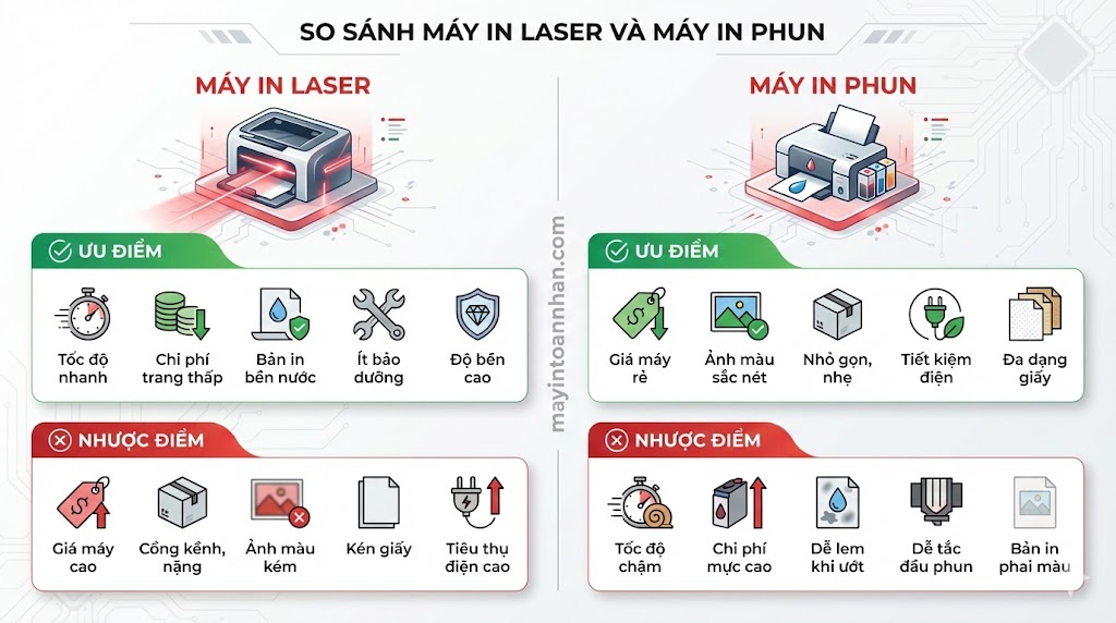 So sánh máy in laser và máy in phun: Chọn loại nào? 2025