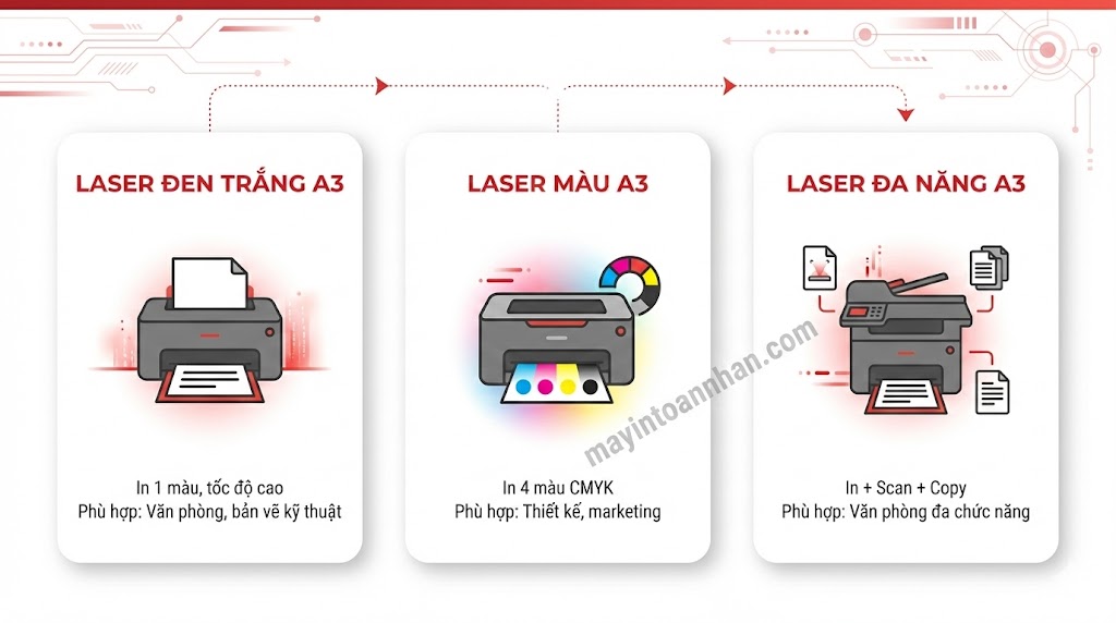 Infographic phân loại 3 nhóm máy in laser A3