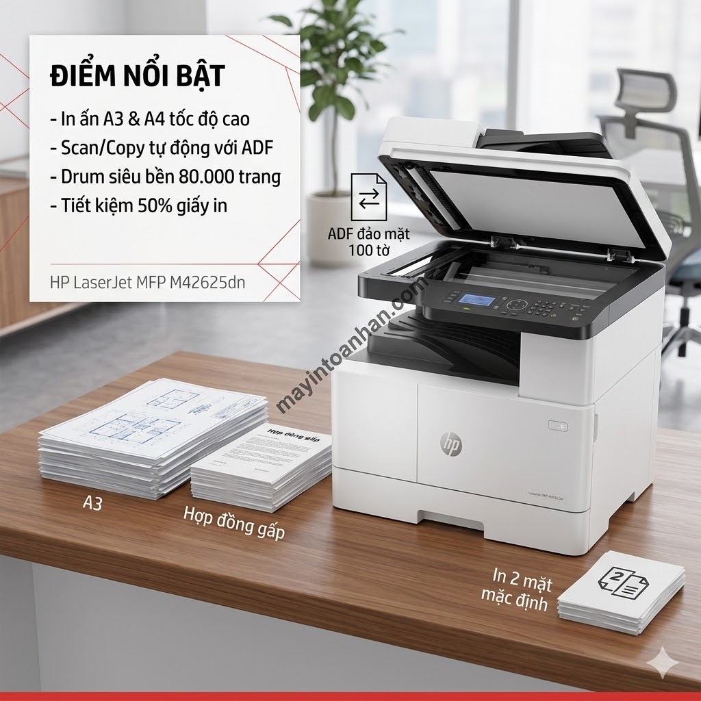 Máy in HP LaserJet MFP M42625dn – Đa Năng A3, In 2 Mặt Tự Động, Mực Tách Drum Tiết Kiệm