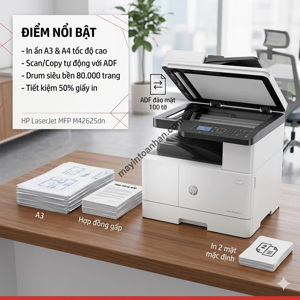 Máy in HP LaserJet MFP M42625dn – Đa Năng A3, ADF Đảo Mặt, Mực Tách Drum Tiết Kiệm 5 Máy in HP LaserJet MFP M42625dn – Đa Năng A3, In 2 Mặt Tự Động, Mực Tách Drum Tiết Kiệm