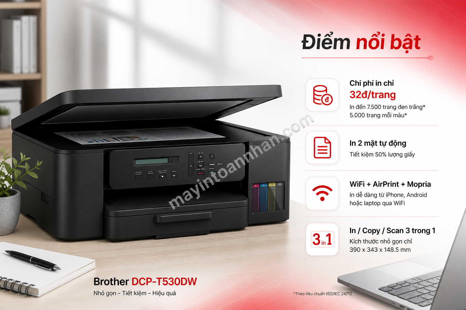 Máy in Brother DCP-T530DW – Máy In Phun Màu 3-in-1, WiFi, In 2 Mặt Tự Động, Ink Tank Tiết Kiệm