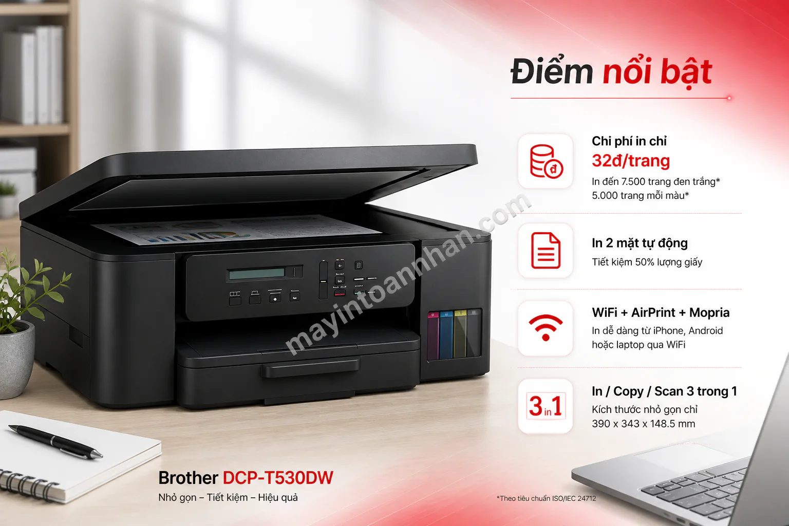 Máy in Brother DCP-T530DW – Máy In Phun Màu 3-in-1, WiFi, In 2 Mặt Tự Động, Ink Tank Tiết Kiệm