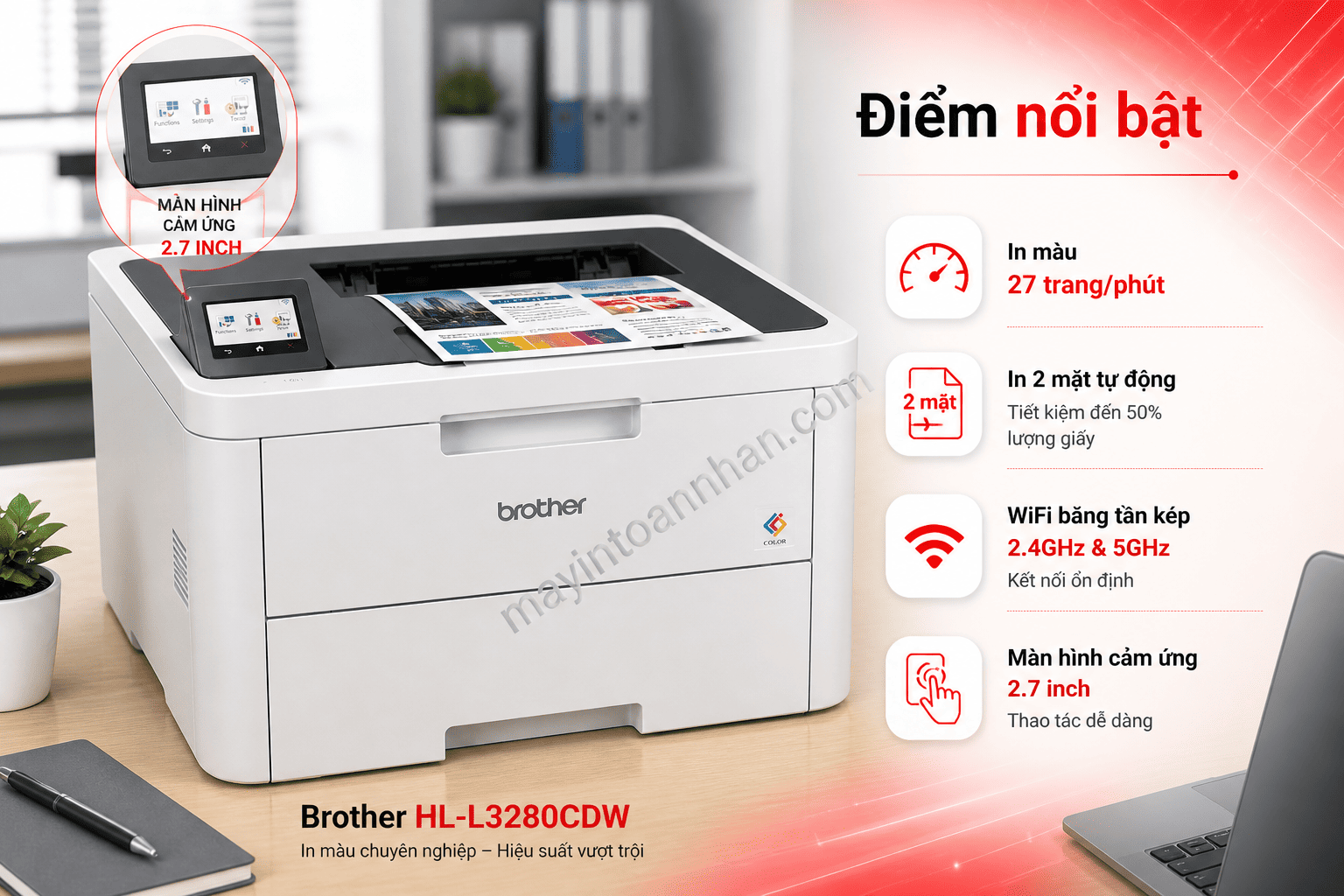 Máy in Brother HL-L3280CDW – Máy in laser màu 27 trang/phút, in 2 mặt tự động, WiFi băng tần kép