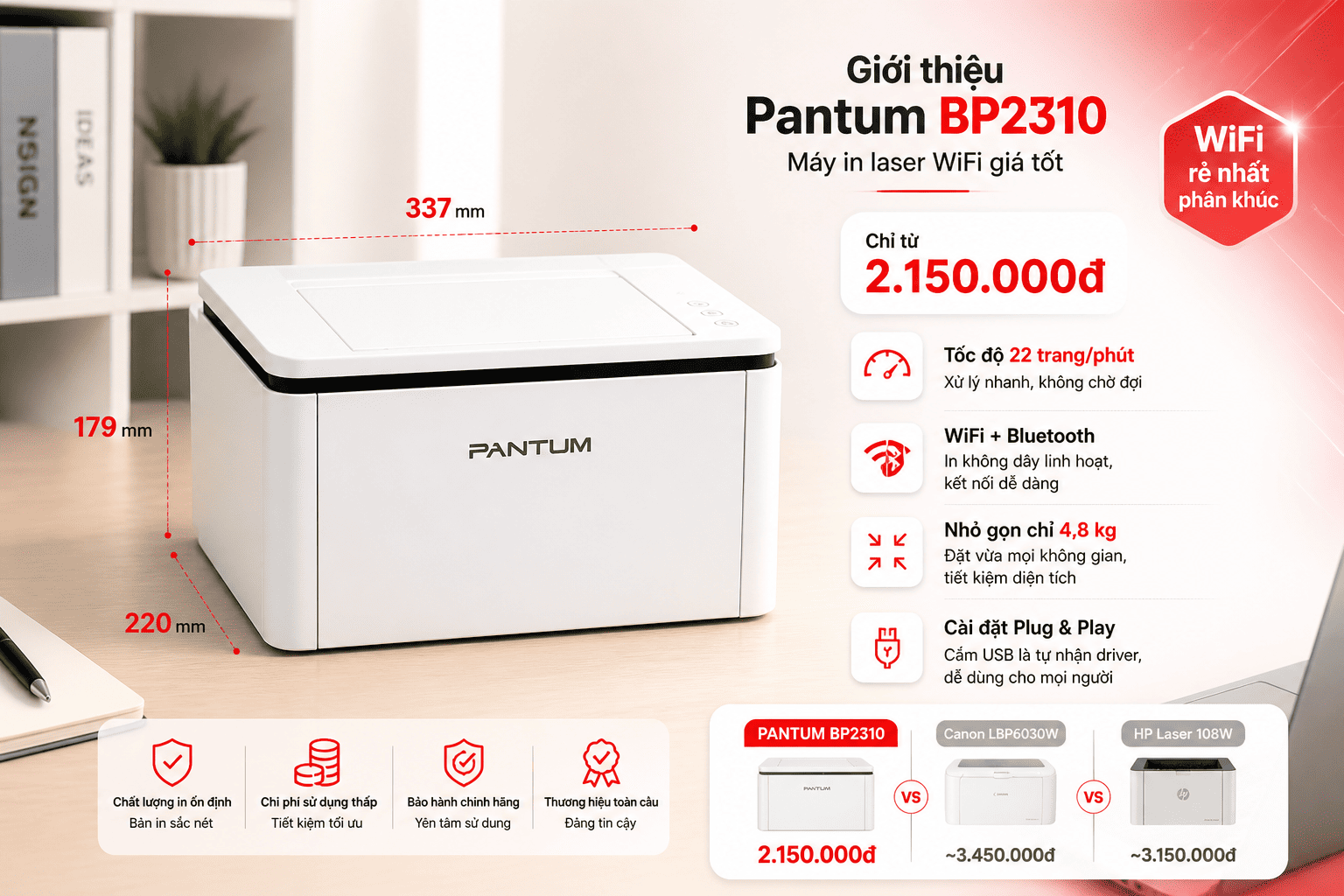 Máy in Máy in Pantum BP2310 – WiFi, Bluetooth, Laser Đen Trắng Giá Rẻ Nhất Phân Khúc