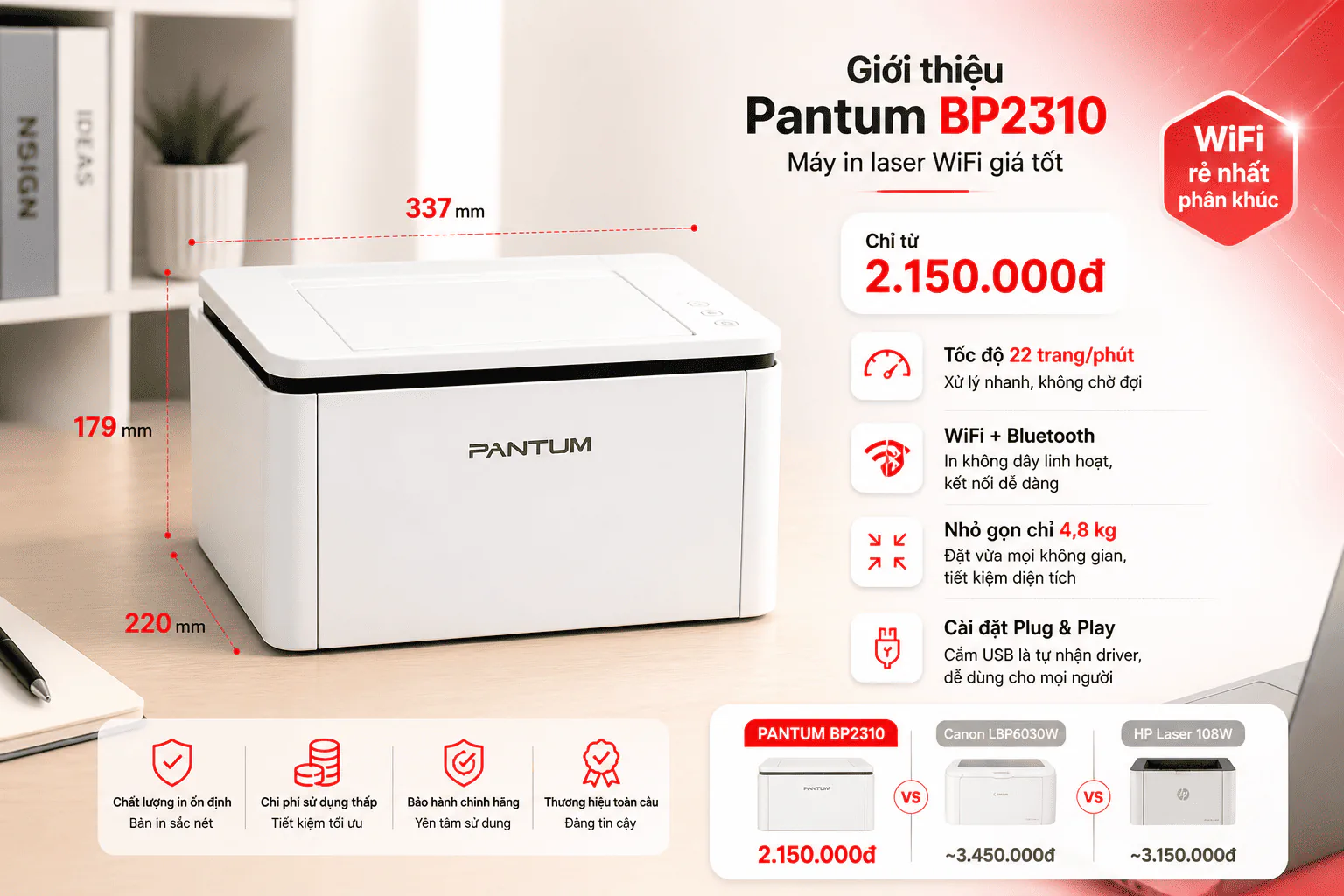 Máy in Máy in Pantum BP2310 – WiFi, Bluetooth, Laser Đen Trắng Giá Rẻ Nhất Phân Khúc