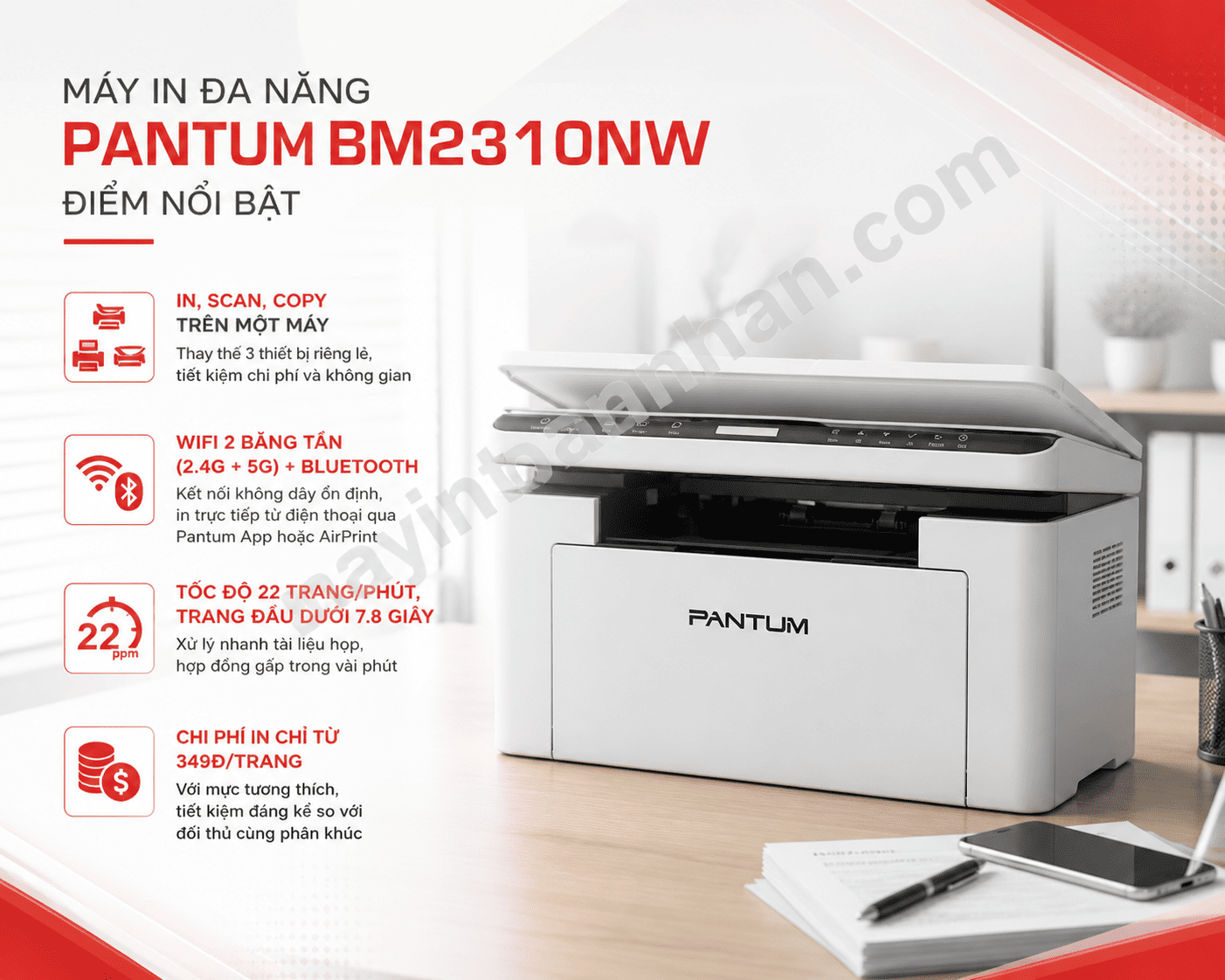 Máy in Máy In Đa Năng Pantum BM2310NW – In, Scan, Copy, WiFi Băng Tần Kép, Giá Rẻ Nhất Phân Khúc