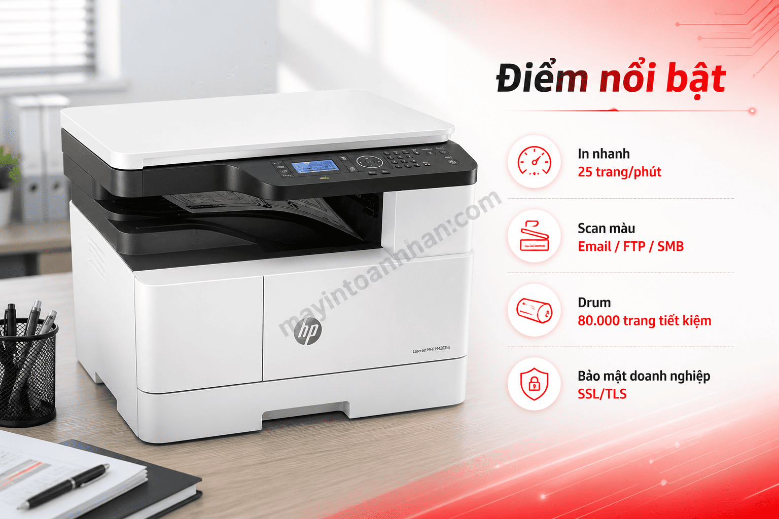 Máy in HP LaserJet MFP M42625dn – Đa Năng A3, In 2 Mặt Tự Động, Mực Tách Drum Tiết Kiệm