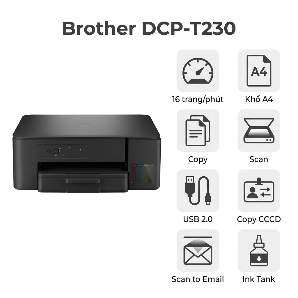 Máy in Brother DCP-T230 – Máy In Phun Màu Đa Năng 3-in-1, Chi Phí In Chỉ 32đ/Trang