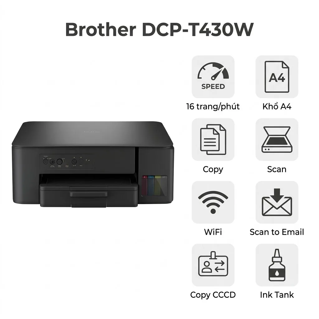 Máy in Brother DCP-T430W – Máy in phun màu đa năng WiFi, Ink Tank tiết kiệm, chính hãng