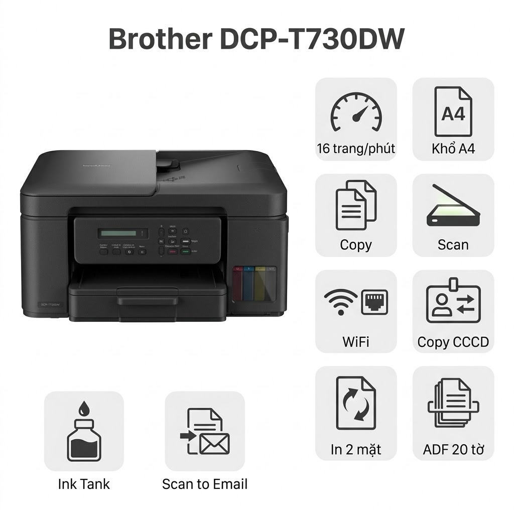Máy in Brother DCP-T730DW – Máy In Phun Đa Năng WiFi, In 2 Mặt, ADF Tiết Kiệm