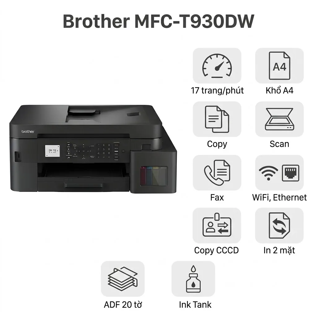 Máy in Brother MFC-T930DW – Đa Năng In/Scan/Copy/Fax, Ink Tank Tiết Kiệm, WiFi