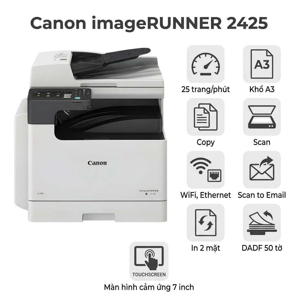 Máy in Canon IR 2425 – Máy Photocopy A3 Đa Năng, Màn Hình Cảm Ứng 7 Inch, WiFi