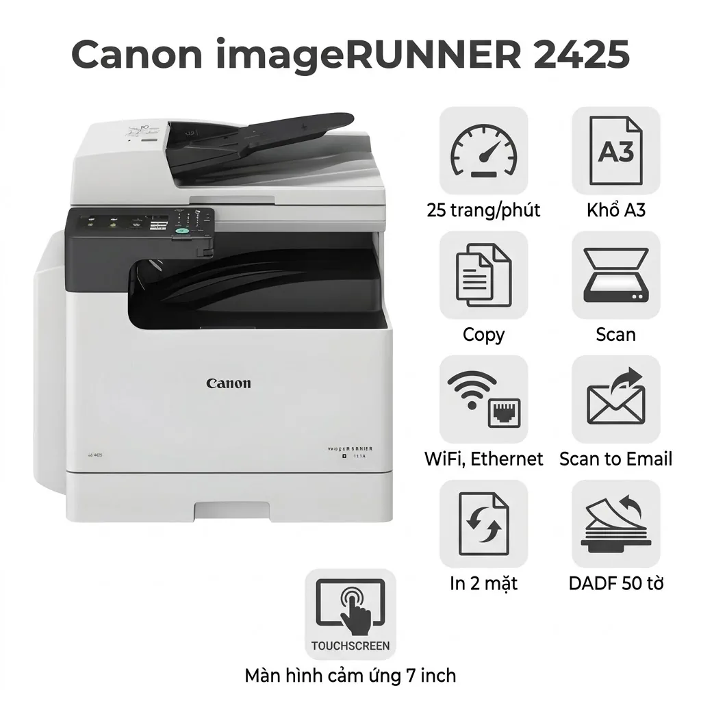 Máy in Canon IR 2425 – Máy Photocopy A3 Đa Năng, Màn Hình Cảm Ứng 7 Inch, WiFi