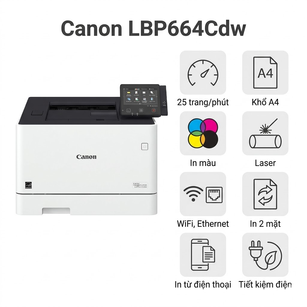 Máy in Canon LBP664Cdw – Máy In Laser Màu 25 Trang/Phút, In 2 Mặt, WiFi, Bảo Hành 12 Tháng