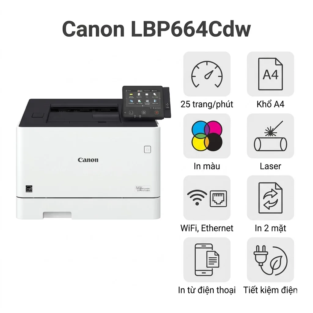 Máy in Canon LBP664Cdw – Máy In Laser Màu 25 Trang/Phút, In 2 Mặt, WiFi, Bảo Hành 12 Tháng