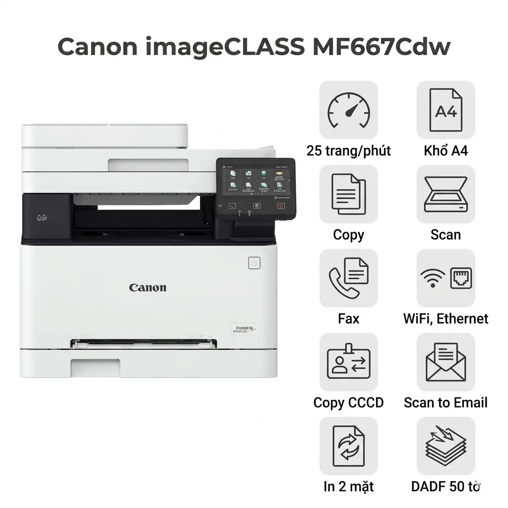 Máy in Canon imageCLASS MF667Cdw – Máy in laser màu đa năng 4-in-1, In/Copy/Scan/Fax 2 mặt, WiFi, ADF quét 1 lần