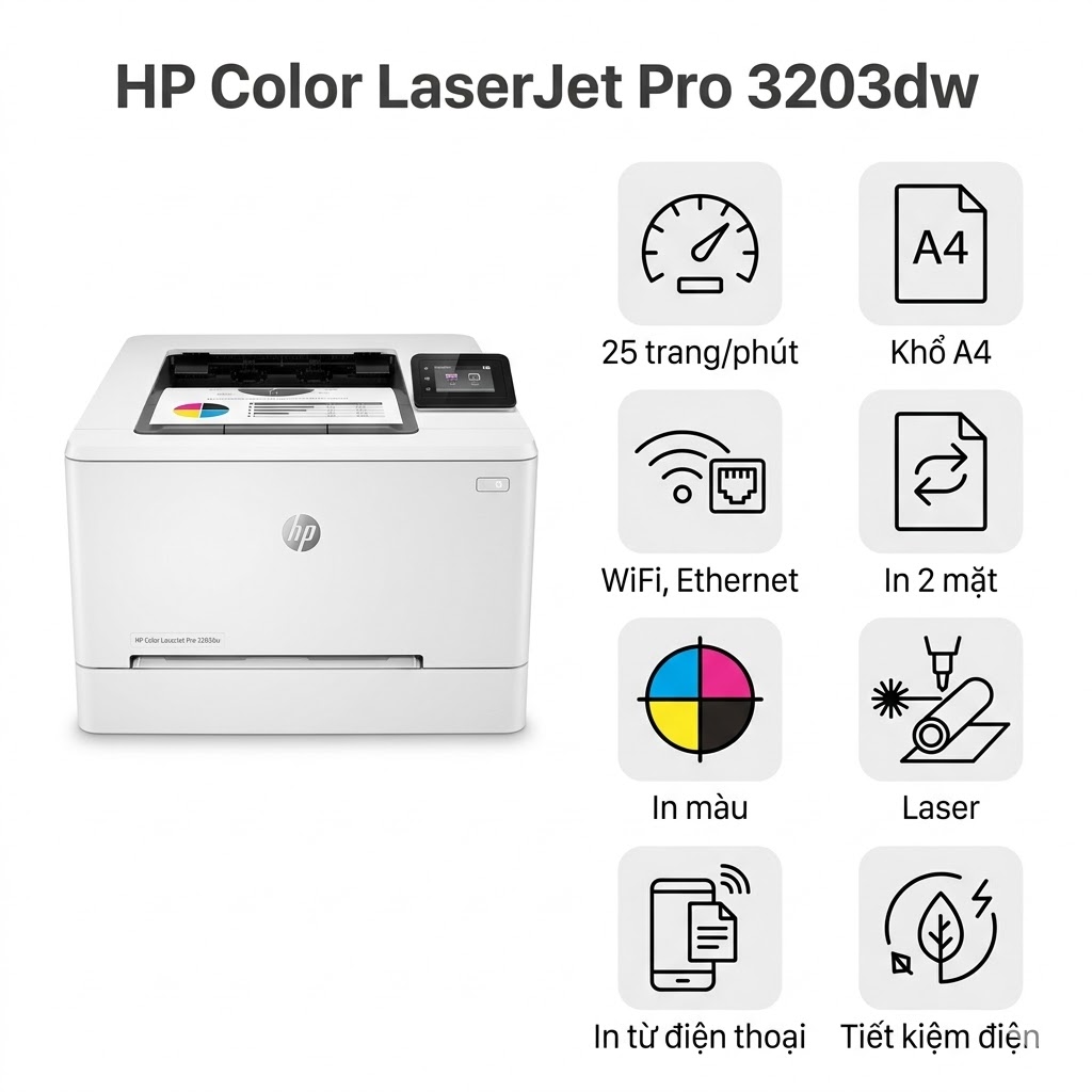 Máy in HP Color LaserJet Pro 3203dw – In Màu Sắc Nét, WiFi Băng Tần Kép, Bảo Mật Doanh Nghiệp