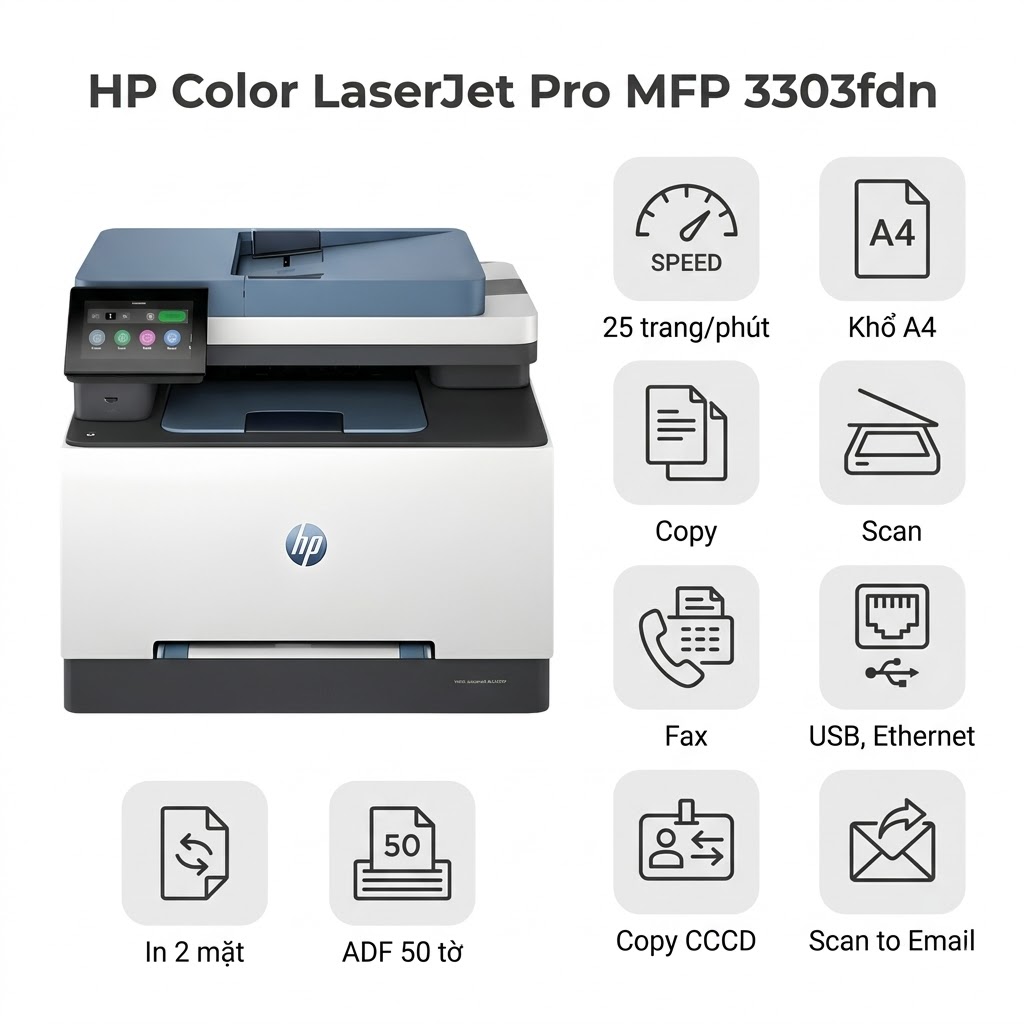 Máy in HP Color LaserJet Pro MFP 3303fdn – In Màu Đa Năng 4 trong 1, Tốc Độ 25 Trang/Phút, Bảo Mật Doanh Nghiệp