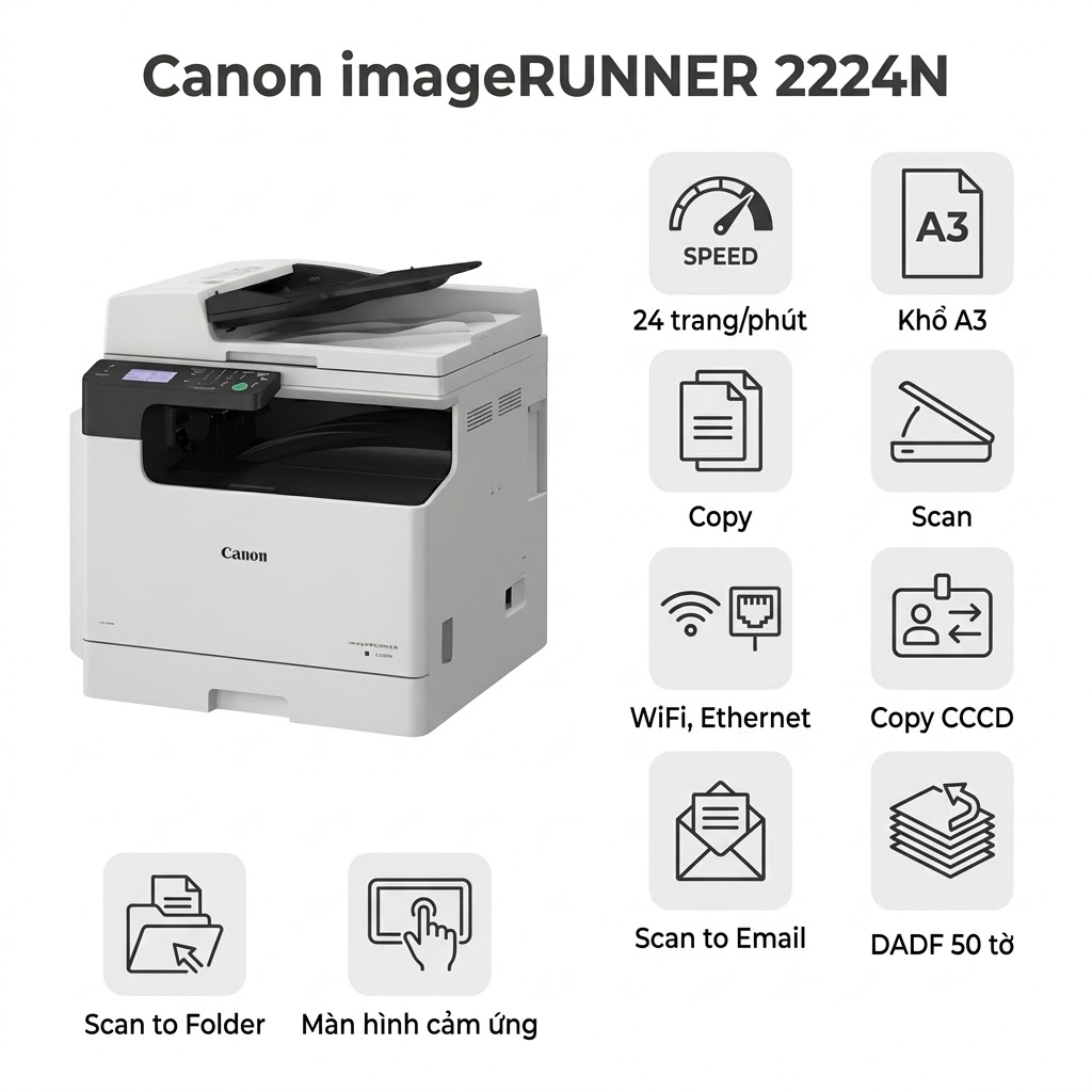 Máy in Máy Photocopy Canon IR 2224N – A3 Đa Năng In/Copy/Scan, WiFi, DADF, Tiết Kiệm Chi Phí