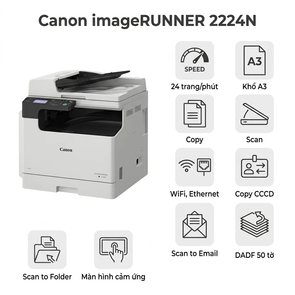 Máy in Máy Photocopy Canon IR 2224N – A3 Đa Năng In/Copy/Scan, WiFi, DADF, Tiết Kiệm Chi Phí