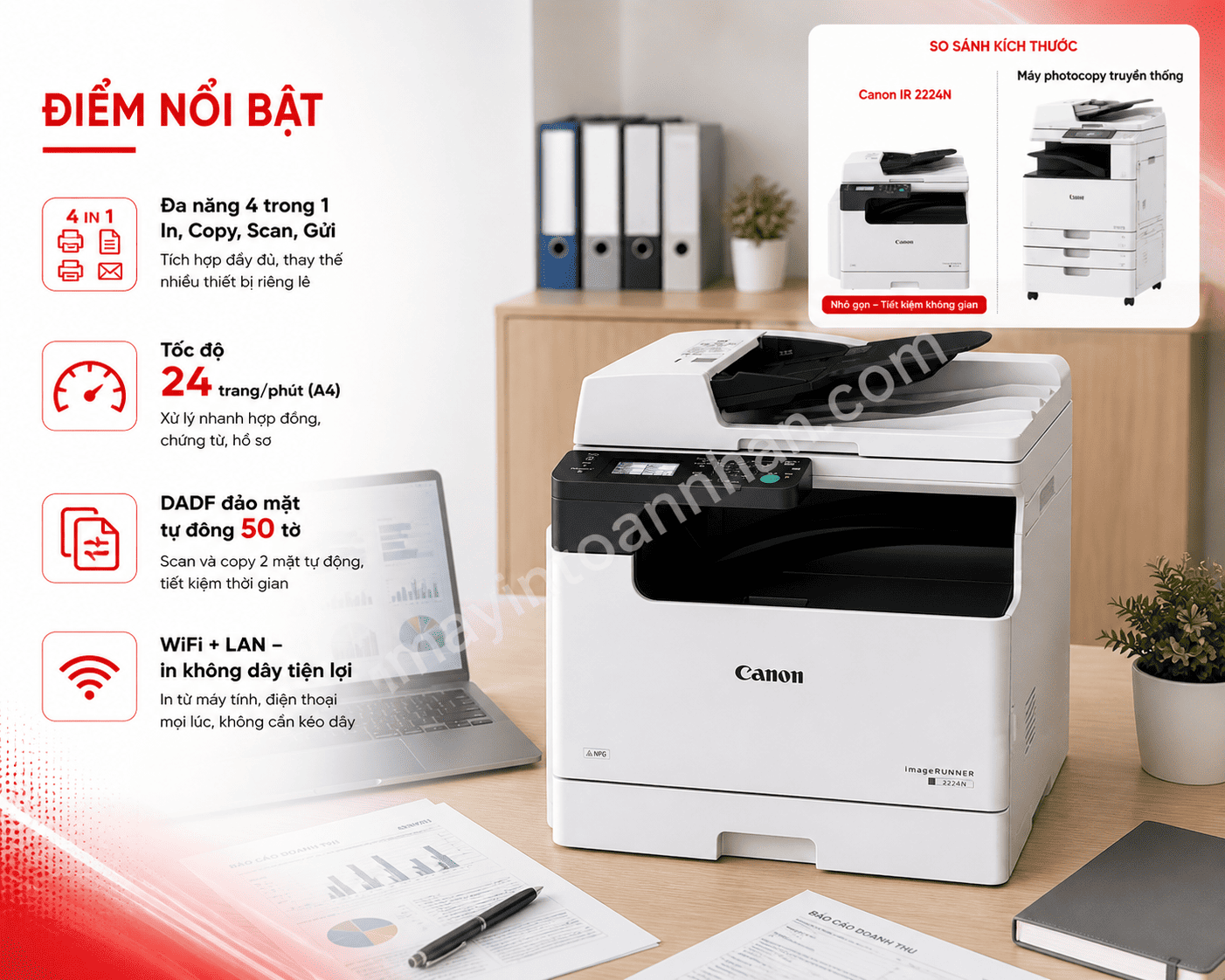 Máy in Máy Photocopy Canon IR 2224N – A3 Đa Năng In/Copy/Scan, WiFi, DADF, Tiết Kiệm Chi Phí