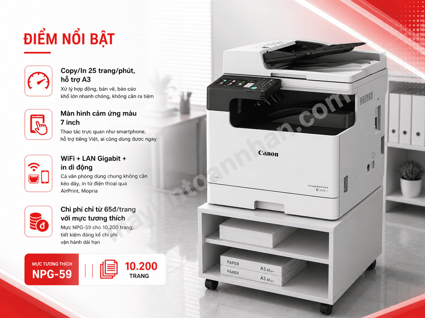 Máy in Canon IR 2425 – Máy Photocopy A3 Đa Năng, Màn Hình Cảm Ứng 7 Inch, WiFi