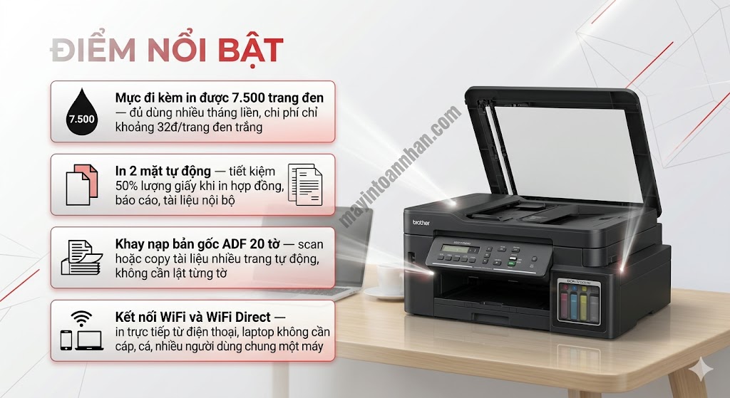 Máy in Brother DCP-T730DW – Máy In Phun Đa Năng WiFi, In 2 Mặt, ADF Tiết Kiệm