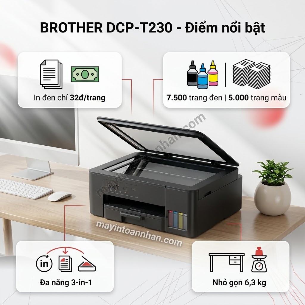 Máy in Brother DCP-T230 – Máy In Phun Màu Đa Năng 3-in-1, Chi Phí In Chỉ 32đ/Trang