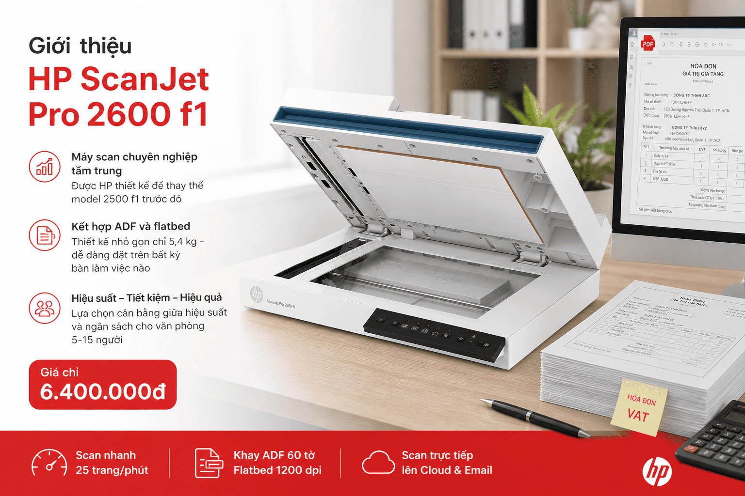 Máy scan HP ScanJet Pro 2600 f1 (20G05A) — ADF 60 tờ, 25 trang/phút