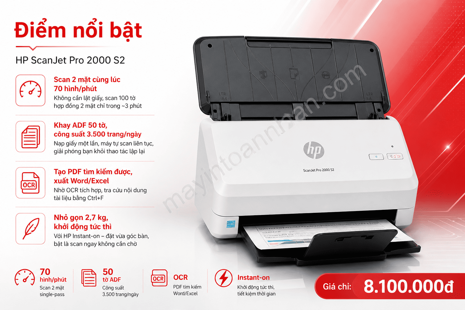 Máy scan HP ScanJet Pro 2000 S2 (6FW06A) – Scan 2 mặt tự động 35 trang/phút