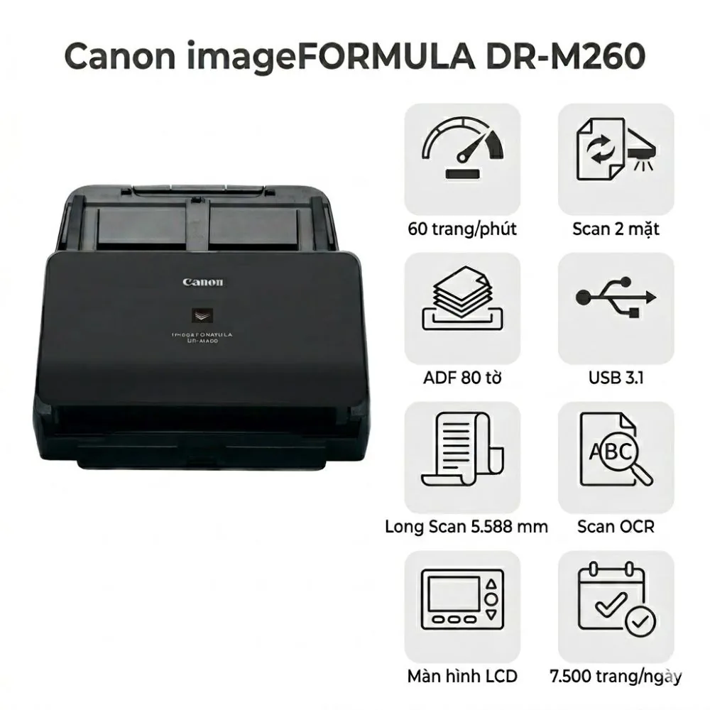 Máy Scan Canon DR-M260 – Scan 2 mặt 60 trang/phút – Chính hãng