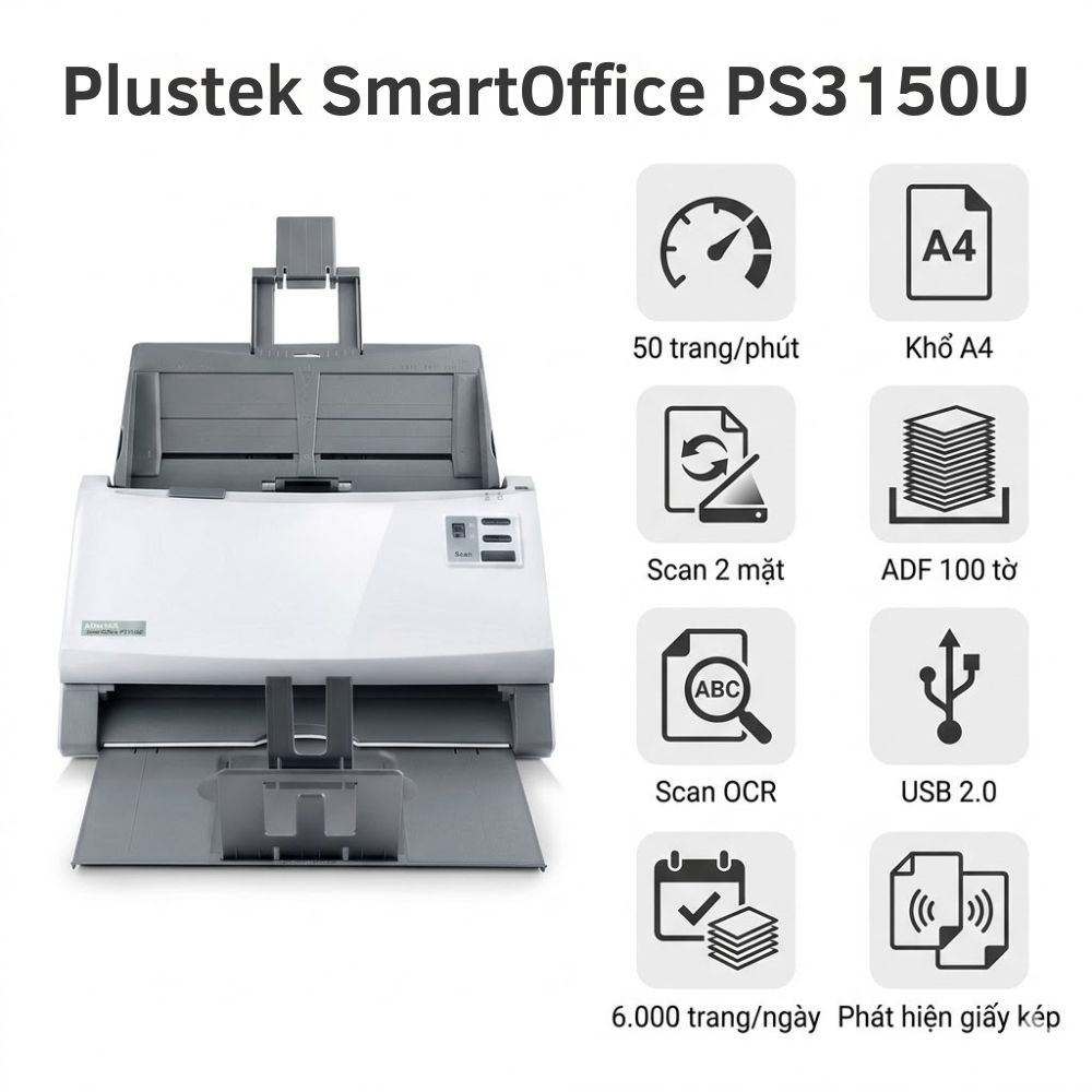 Máy Scan Plustek PS150U | 50ppm, Duplex, ADF 100 Tờ — Giá Tốt