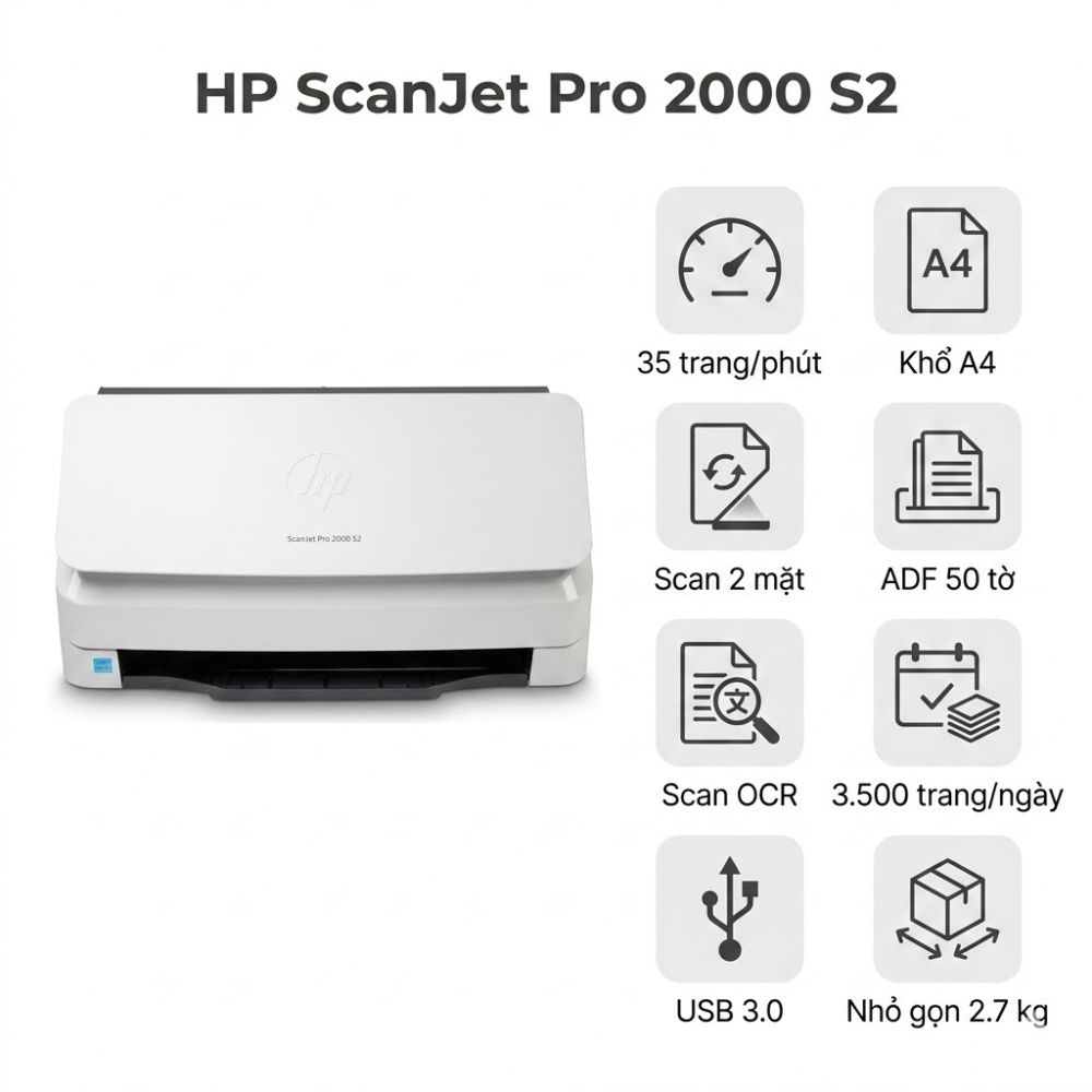 Máy scan HP ScanJet Pro 2000 S2 (6FW06A) – Scan 2 mặt tự động 35 trang/phút