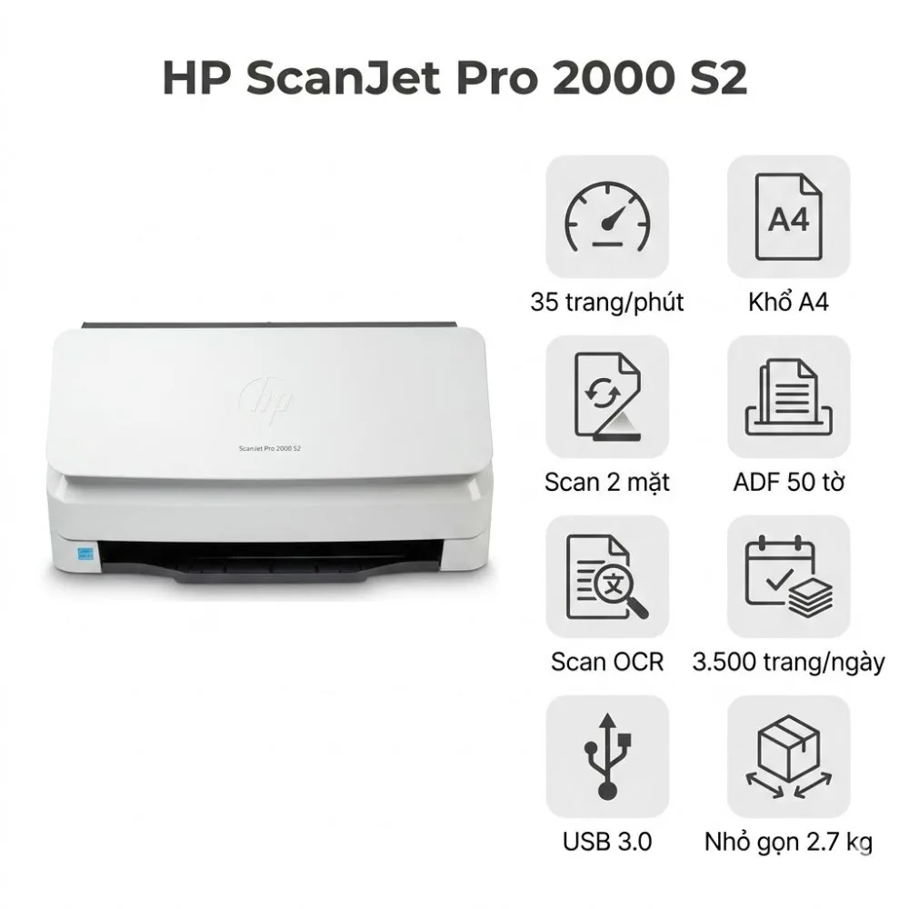 Máy scan HP ScanJet Pro 2000 S2 (6FW06A) – Scan 2 mặt tự động 35 trang/phút