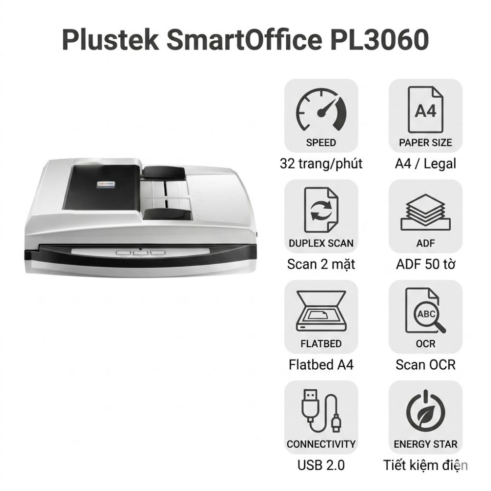 Máy scan Plustek SmartOffice PL3060 – Scan 2 mặt 32 trang/phút | Toàn Nhân