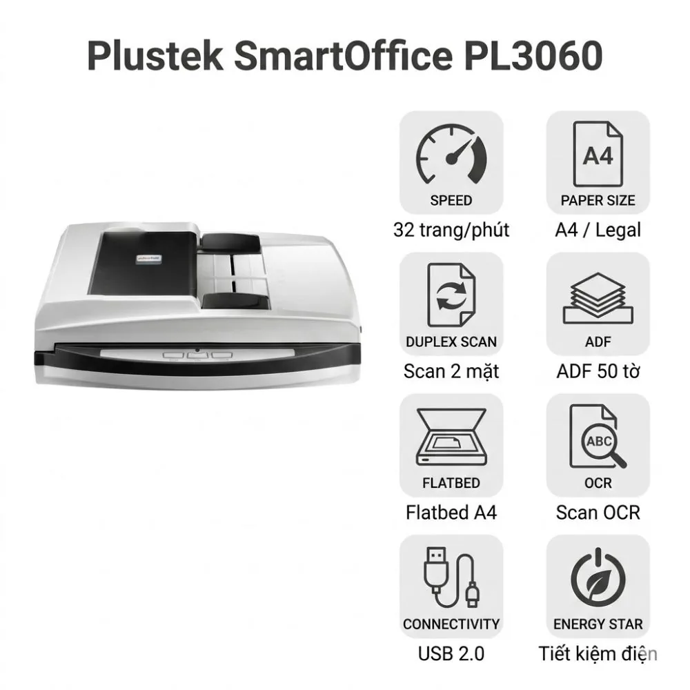 Máy scan Plustek SmartOffice PL3060 – Scan 2 mặt 32 trang/phút | Toàn Nhân